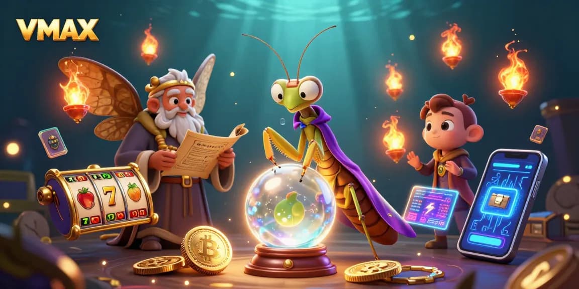 Experience gaming thrills at VMAX with a vibrant 3D illustration of fortune tellers and crypto elements