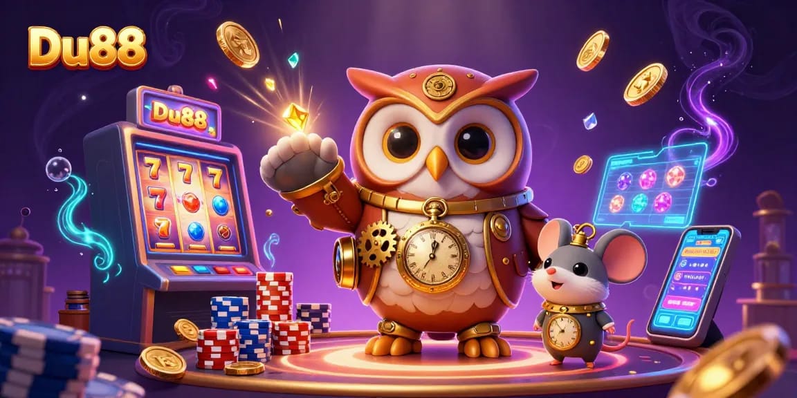 Engage with Du88's vibrant slot machine universe, showcasing steampunk characters and animated reels.