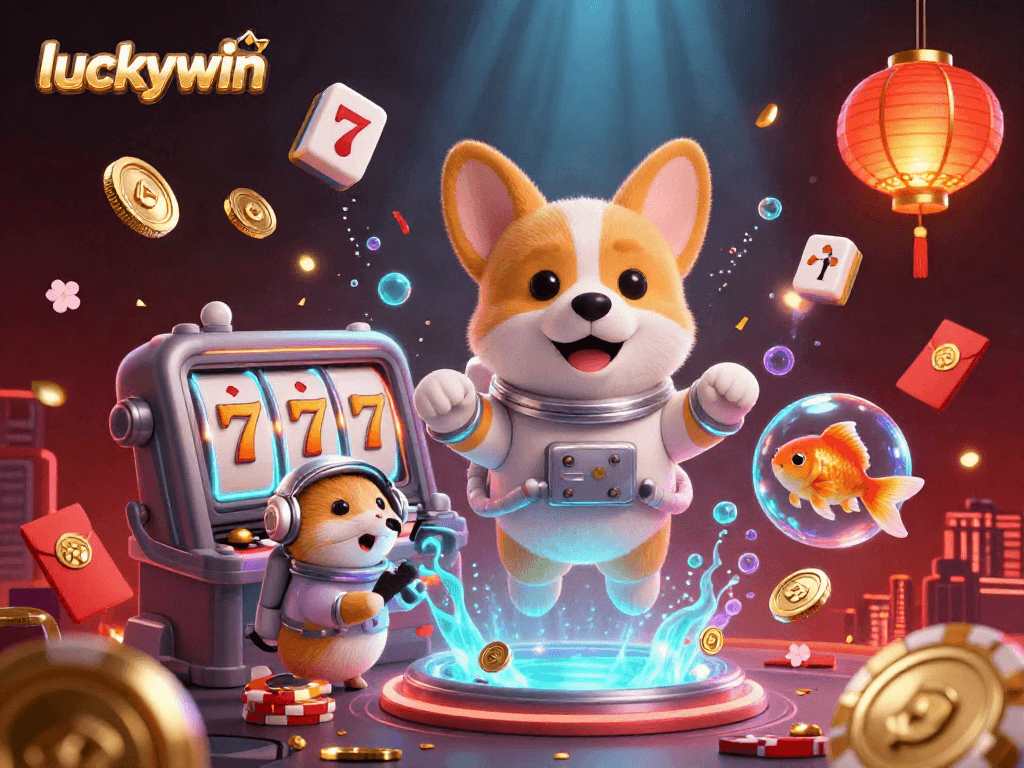Experience the excitement of luckywin with a 3D astronaut corgi in a vibrant casino scene.