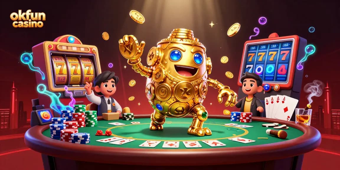Experience the excitement of okfun casino with a vibrant 3D scene featuring golden golems and poker elements.