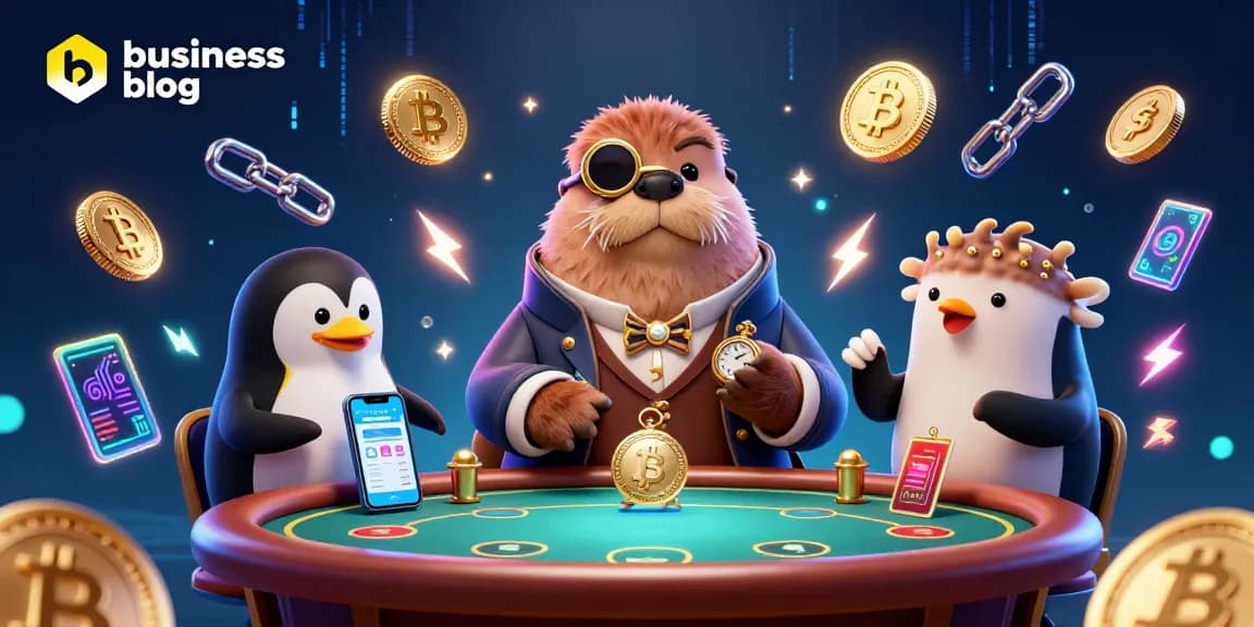 Engaging business blog scene featuring a poker game with unique characters in a vibrant casino.