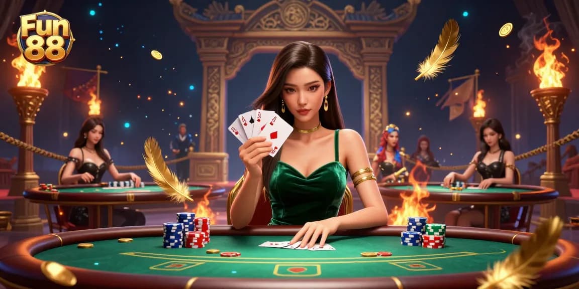 Engage in thrilling play at Fun 88 with a glamorous poker table scene showcasing strategy and excitement.