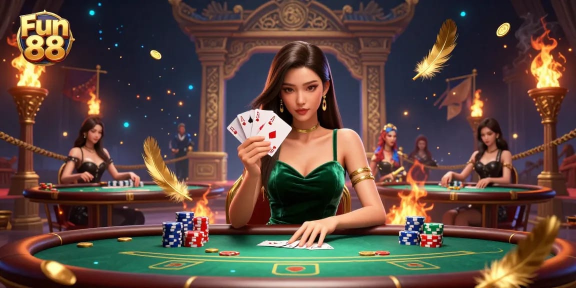 Engage in thrilling play at Fun 88 with a glamorous poker table scene showcasing strategy and excitement.