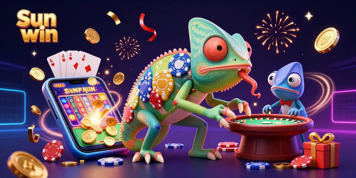 Win big with Sun win as chameleon casino owner gathers gold coins and game elements.