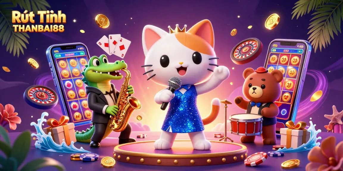 Engage in Rút Tiền THANBAI88 with vibrant 3D casino characters and games visualizing excitement.