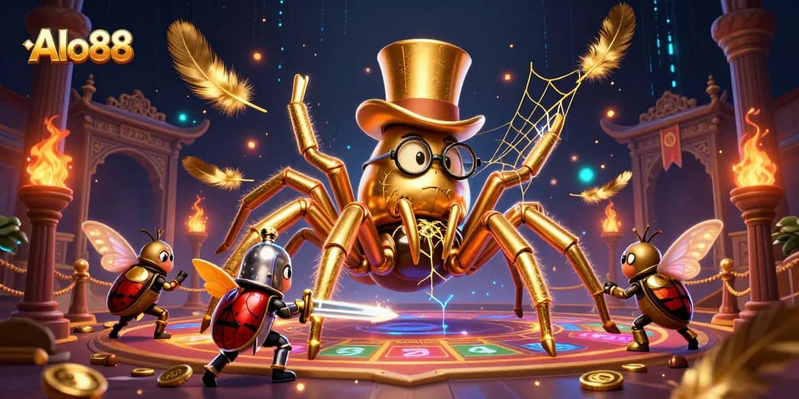 Alo88's dynamic casino scene with a golden tarantula and a beetle knight, showcasing vibrant gambling action.