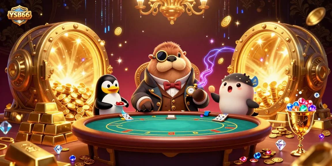 Join the thrilling YSB66 poker action with a walrus, penguin dealer, and fish player in an underwater casino.
