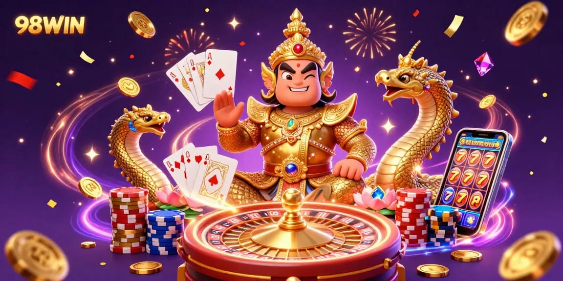 Experience thrilling gameplay action at 98WIN, featuring vibrant casino elements and dynamic guardians.