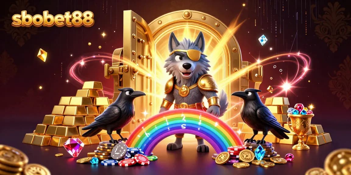 Engage with sbobet88's dynamic sports betting experience on a vibrant casino-themed illustration.