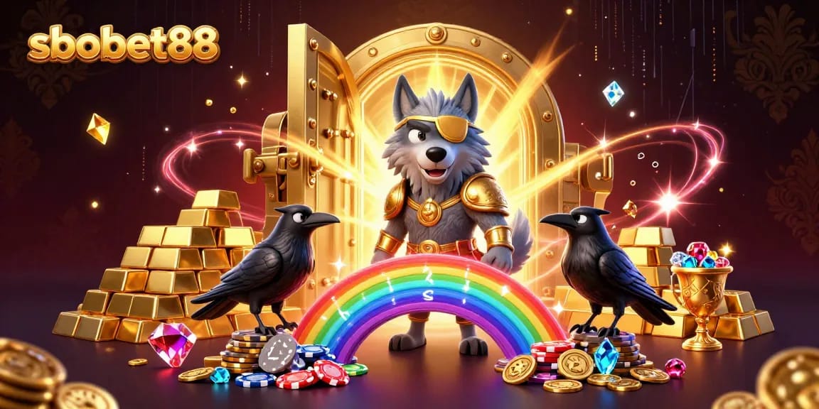Engage with sbobet88's dynamic sports betting experience on a vibrant casino-themed illustration.