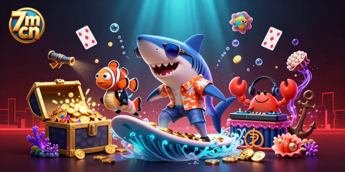 Bet on thrilling 7m cn adventures with a shark, clownfish, and crab DJ in a vibrant underwater scene.