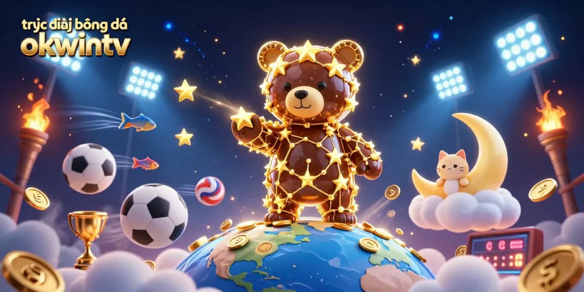 Experience the thrill of trực tiếp bóng đá okwintv as golden stars and sports elements sparkle in a dynamic scene.