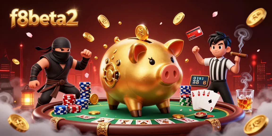 Experience the vibrant f8beta2 casino action with a dynamic scene showcasing a piggy bank sumo wrestler, ninja, and referee.