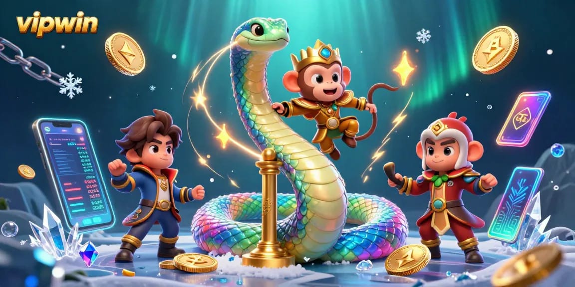 Experience the thrill of vipwin with an exciting 3D casino adventure featuring a colorful serpent and magical characters.