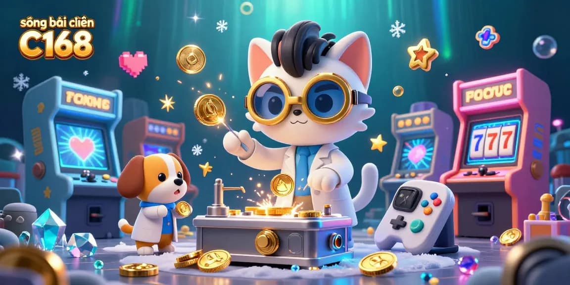Sòng bài trực tuyến C168 features a whimsical 3D mad scientist cat with a dog assistant amidst casino games and gold coins.