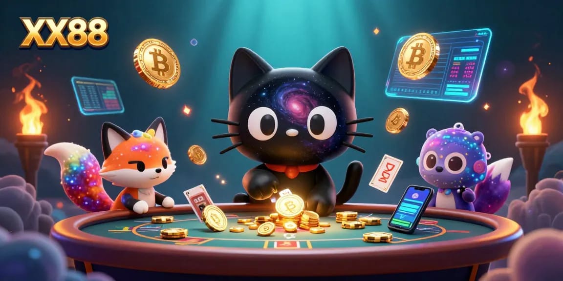 Engage in thrilling gaming on XX88 with our cosmic casino scene featuring vibrant characters and crypto elements.
