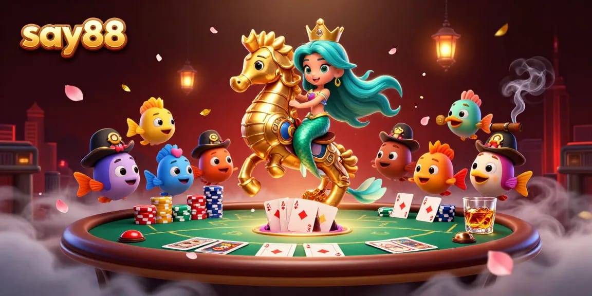 Engage in thrilling action at say88 with a vibrant underwater card game illustrated scene.