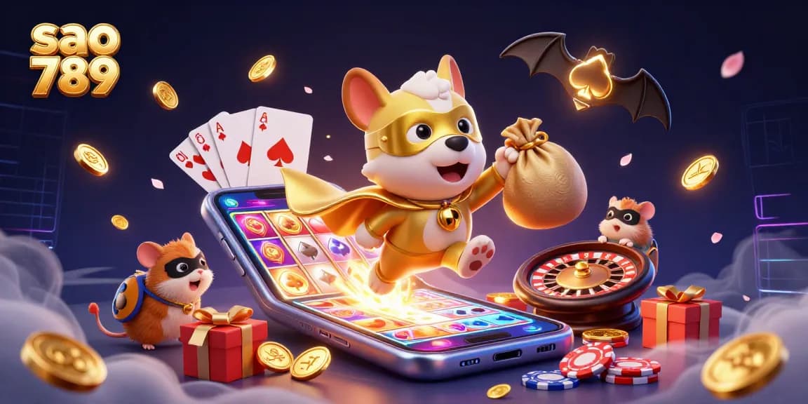 Sao 789 offers thrilling action with a superhero dog and hamster in a vibrant casino atmosphere.