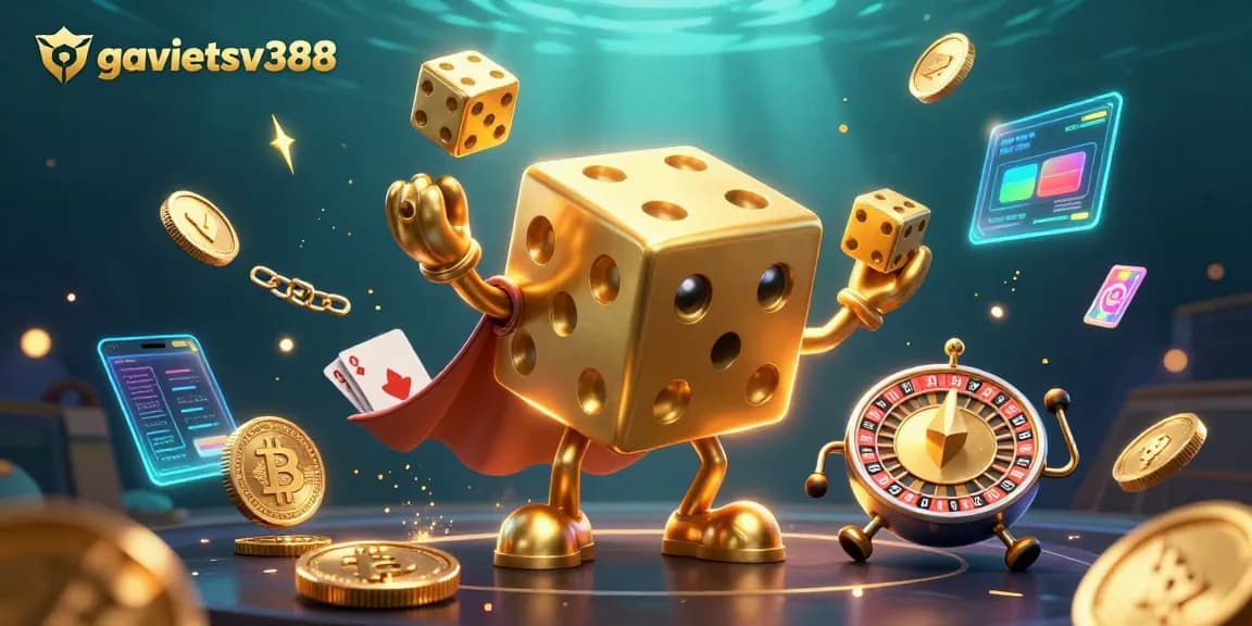 Experience thrilling action at gavietsv388 with a dynamic gaming scene filled with gold and neon elements.