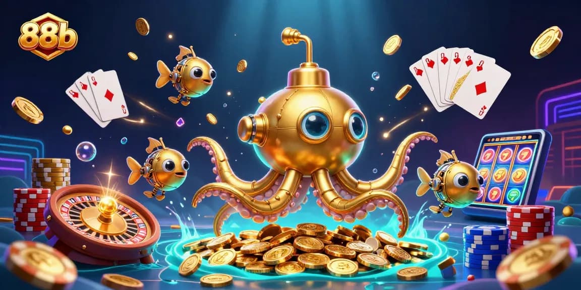 Engage in thrilling gameplay with 88b featuring a vibrant 3D illustration of a kraken submarine amid cascading coins and classic casino elements.