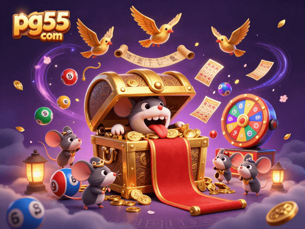 Engage with pg55 com's exciting lottery experience amidst a vibrant 3D casino scene.