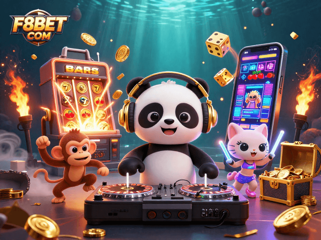 Join the excitement of gambling at F8BET COM with colorful characters celebrating jackpot wins in this vibrant illustration.