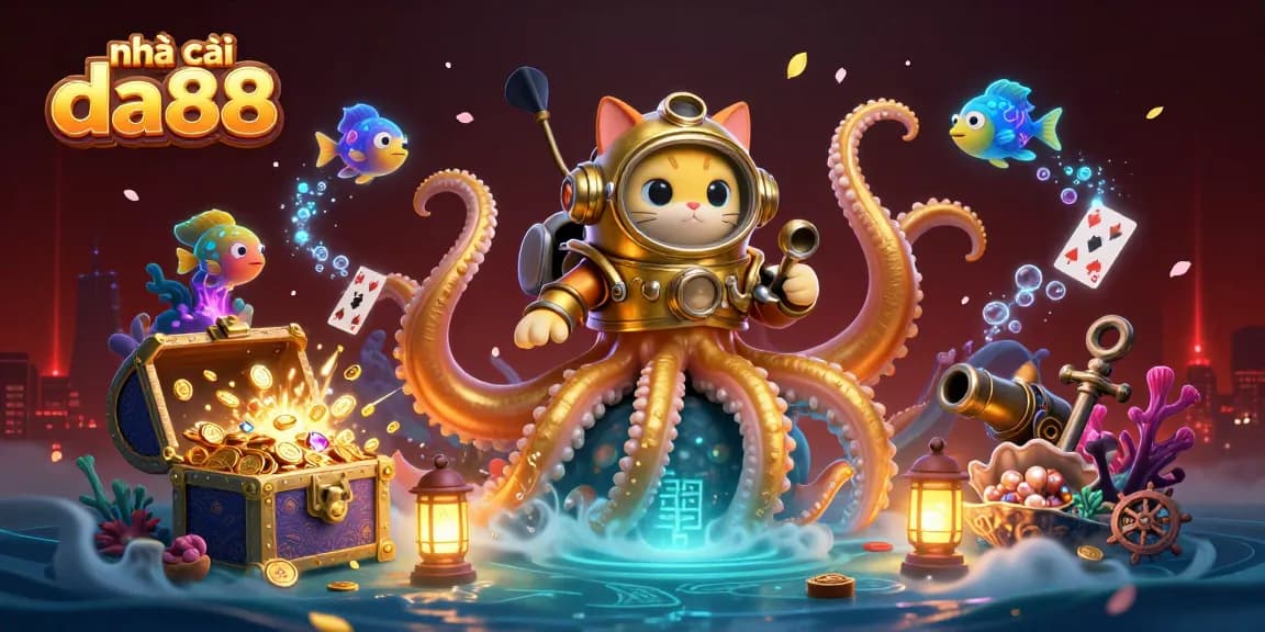 Engage with nhà cái da88 as a colossal kraken, vintage diving cat, and glowing sea life spark excitement in this immersive casino scene.
