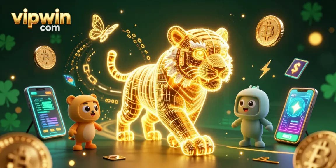 Experience excitement at vipwin com with vibrant 3D casino elements and a neon-wireframe golden tiger.