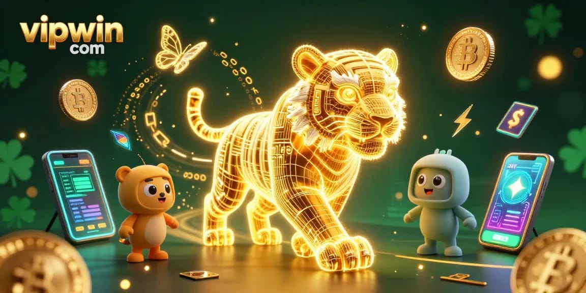 Experience excitement at vipwin com with vibrant 3D casino elements and a neon-wireframe golden tiger.