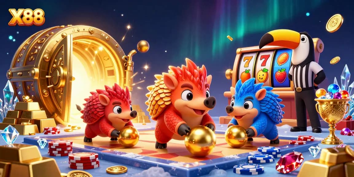 X88 interactive illustration showcasing rival pangolins bowling over poker chips in a vibrant casino scene