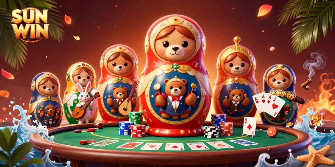 Join the excitement with the SUN WIN Matryoshka bear and colorful casino elements for a thrilling gaming experience.
