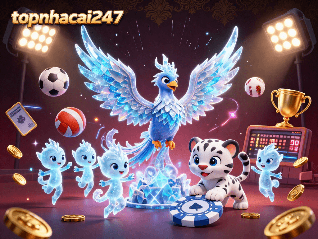 Experience thrilling gambling action at topnhacai247 with an ice phoenix and playful characters in a lavish casino scene.