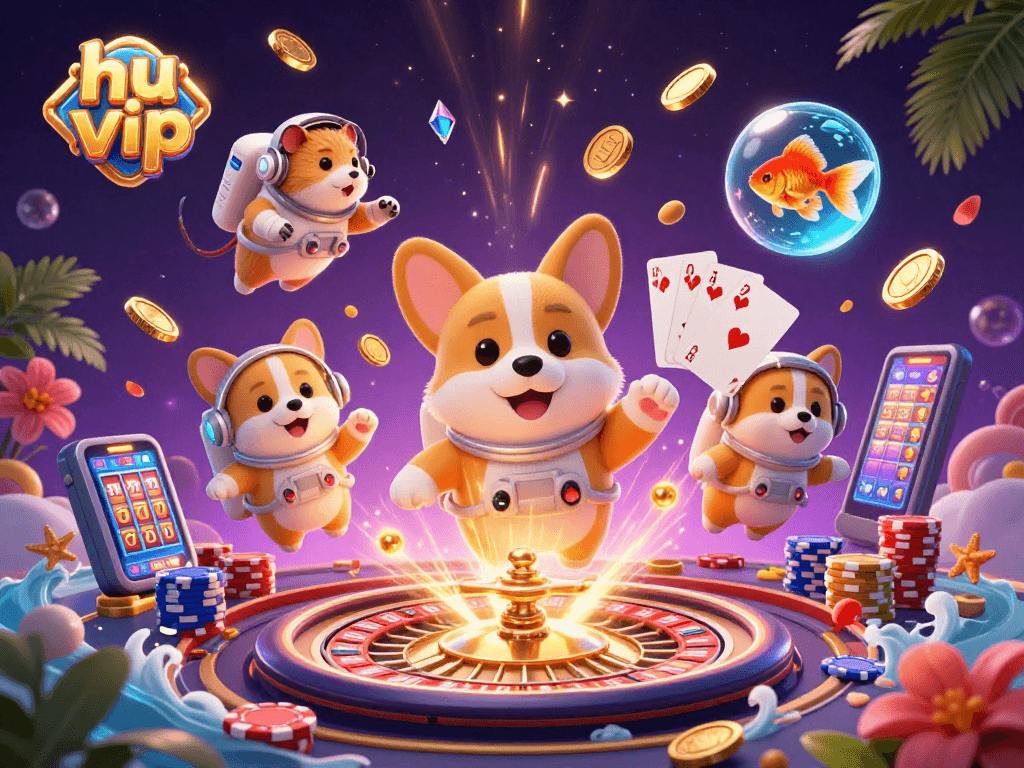Experience excitement at hu vip with a vibrant casino scene featuring playful characters and dynamic game elements.
