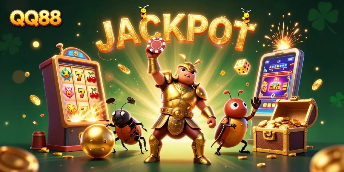 Experience the excitement of QQ88 with a triumphant beetle champion and vibrant casino elements!