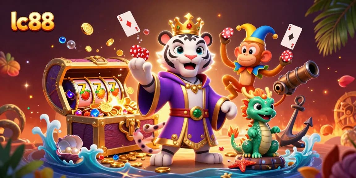 Experience the excitement of lc 88, featuring vibrant 3D characters in a rich casino scene filled with coins and game elements.
