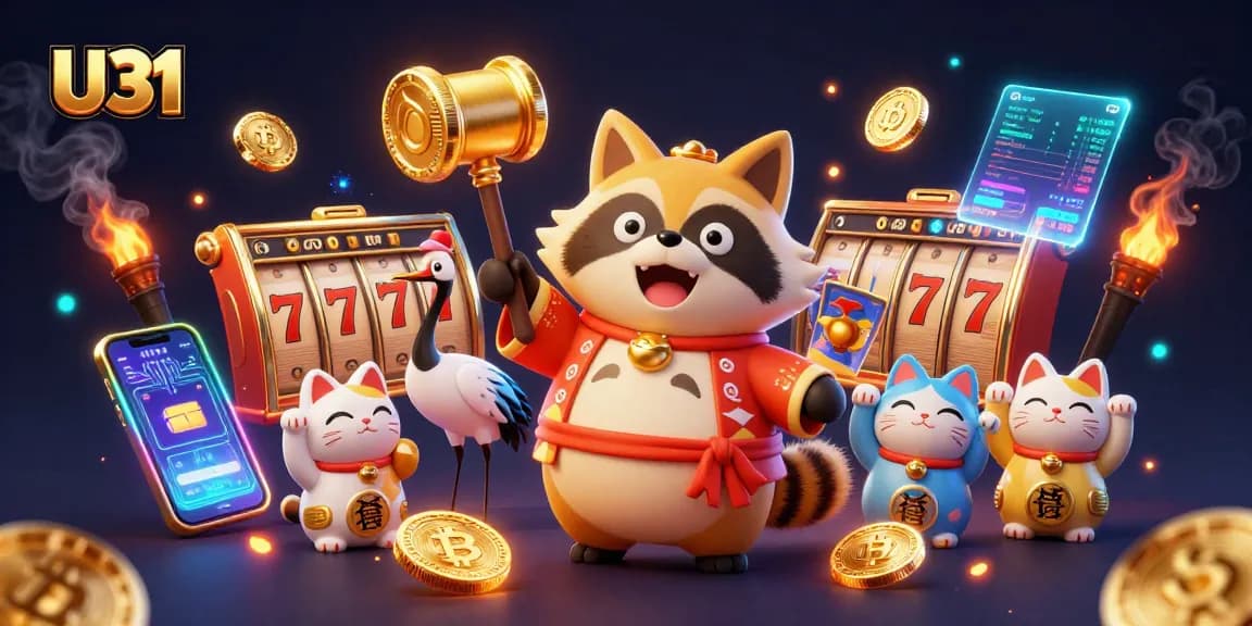 Spin and win at U31 with a cheerful tanuki and colorful symbols in this vibrant casino scene.