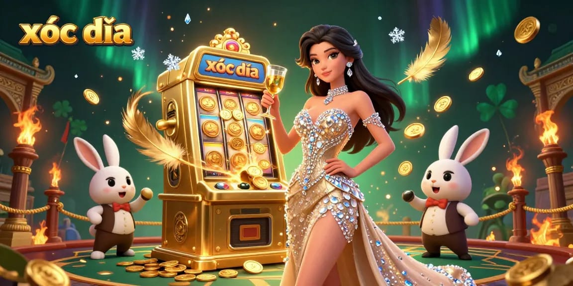 Xóc đĩa enthusiasts win big as a stunning woman toasts beside a jackpot slot machine.