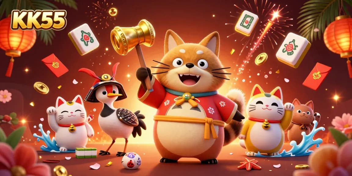 Experience the excitement of KK55 with vibrant casino characters celebrating in a festive atmosphere.