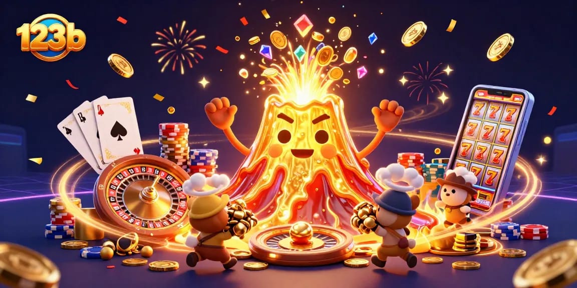 Win exciting treasures as 123b showcases a triumphant volcano releasing coins and gems.