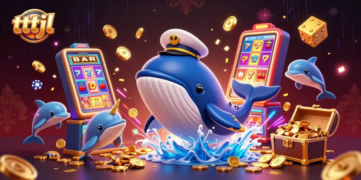 Experience excitement at tttjl with a vibrant 3D casino scene featuring a whale, narwhal, and playful dolphins!