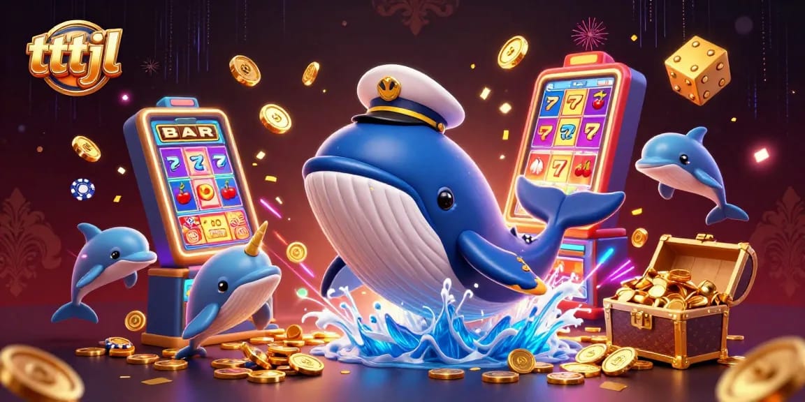 Experience excitement at tttjl with a vibrant 3D casino scene featuring a whale, narwhal, and playful dolphins!