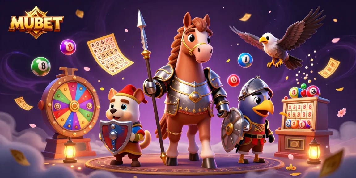 MUBET illustrates an engaging scene with a knight, a puppy, and a falcon in a vibrant casino-themed setting.