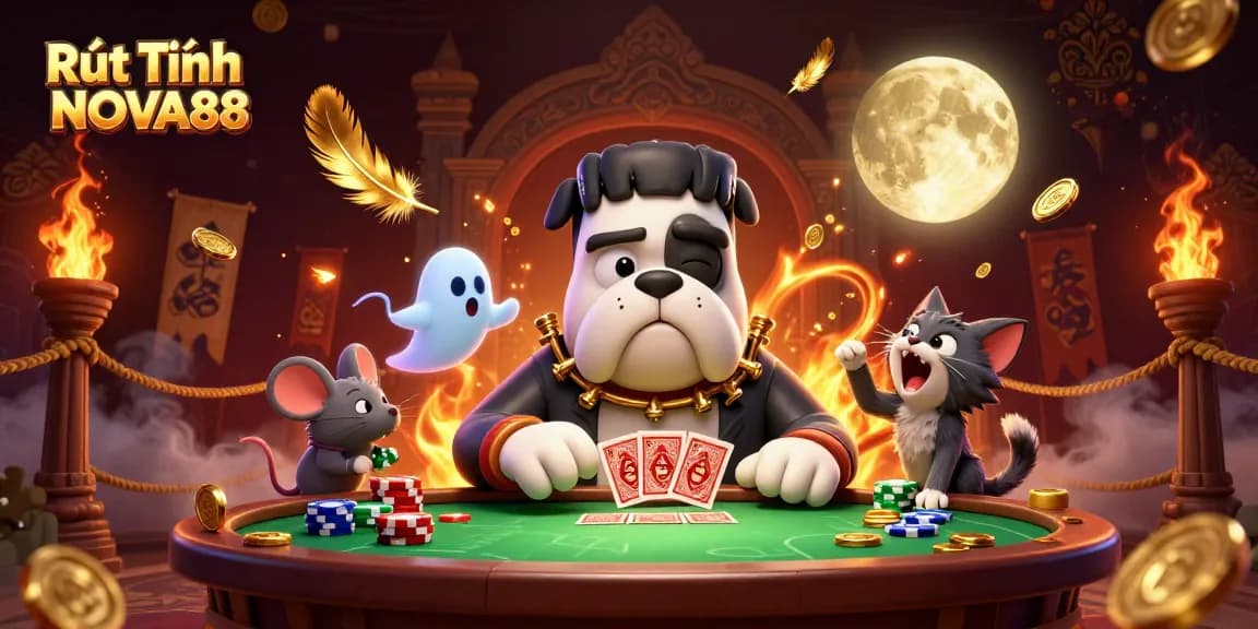 Experience Rút Tiền NOVA88 at a lively casino with a monstrous dealer, ghostly mouse, and thrilling atmosphere.