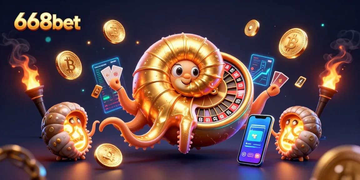 Engage with 668bet's thrilling slots and casinos featuring a 3D giant nautilus and golden roulette wheel.