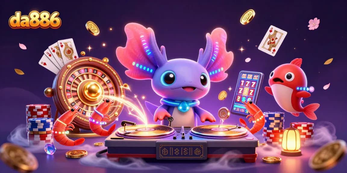 Experience the vibrant casino scene with da886 featuring an axolotl DJ, coins, and gems.