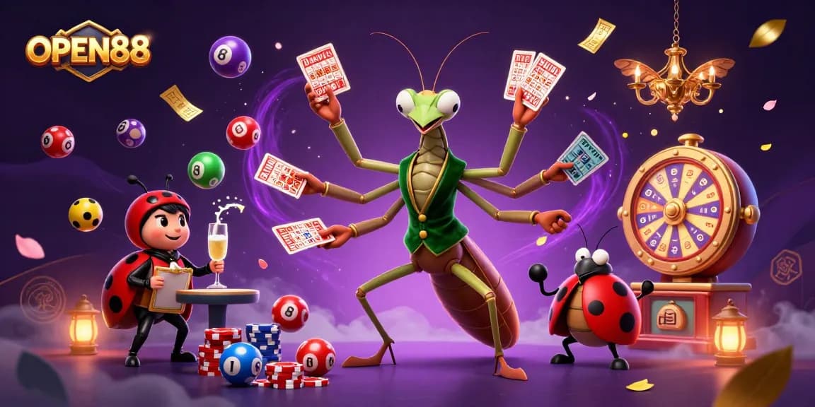 Engage with OPEN88's vibrant casino scene featuring a praying mantis card sharp, ladybug pit boss, and dynamic lottery elements.
