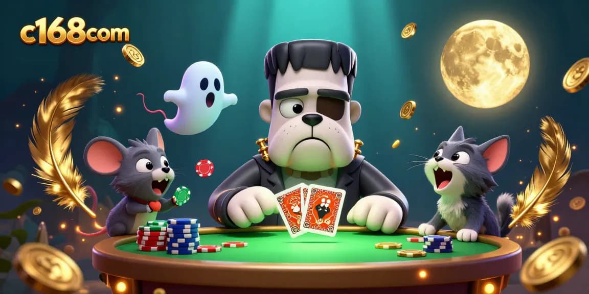 Experience thrilling casino action with c168com as a unique Frankenstein bulldog deals cards at a vibrant table.