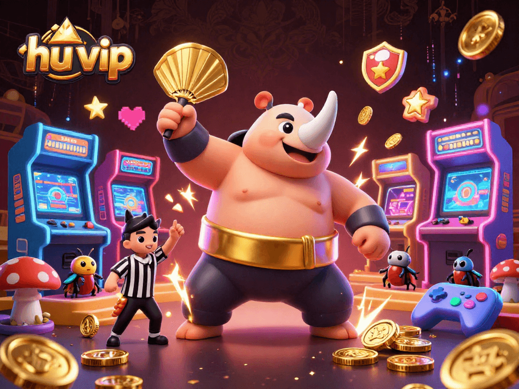 Experience the thrill of hu vip with a sumo beetle champion surrounded by exciting casino elements.
