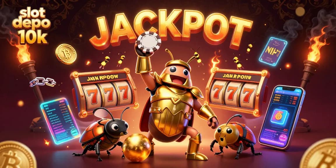 Experience the thrill of slot depo 10k with a victorious beetle lifting a poker chip amidst dynamic casino elements.
