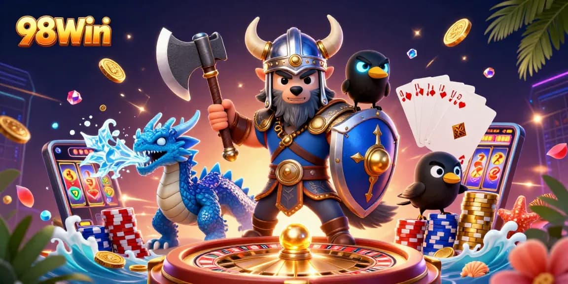Win big at 98Win with a thrilling 3D casino showdown featuring epic characters and vibrant gaming elements.